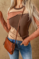 Exposed Seam Contrast Round Neck Long Sleeve T-Shirt Brown OutfitFlow